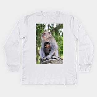 a monkey and baby sitting on a branch in ubud in bali Kids Long Sleeve T-Shirt